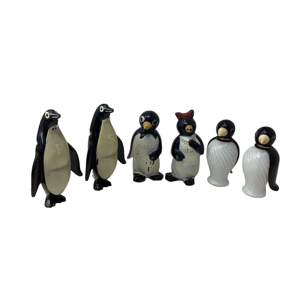 Vtg Willie & Millie, Plastic & Milk Glass Penguin Salt & Pepper (3) Shaker Sets